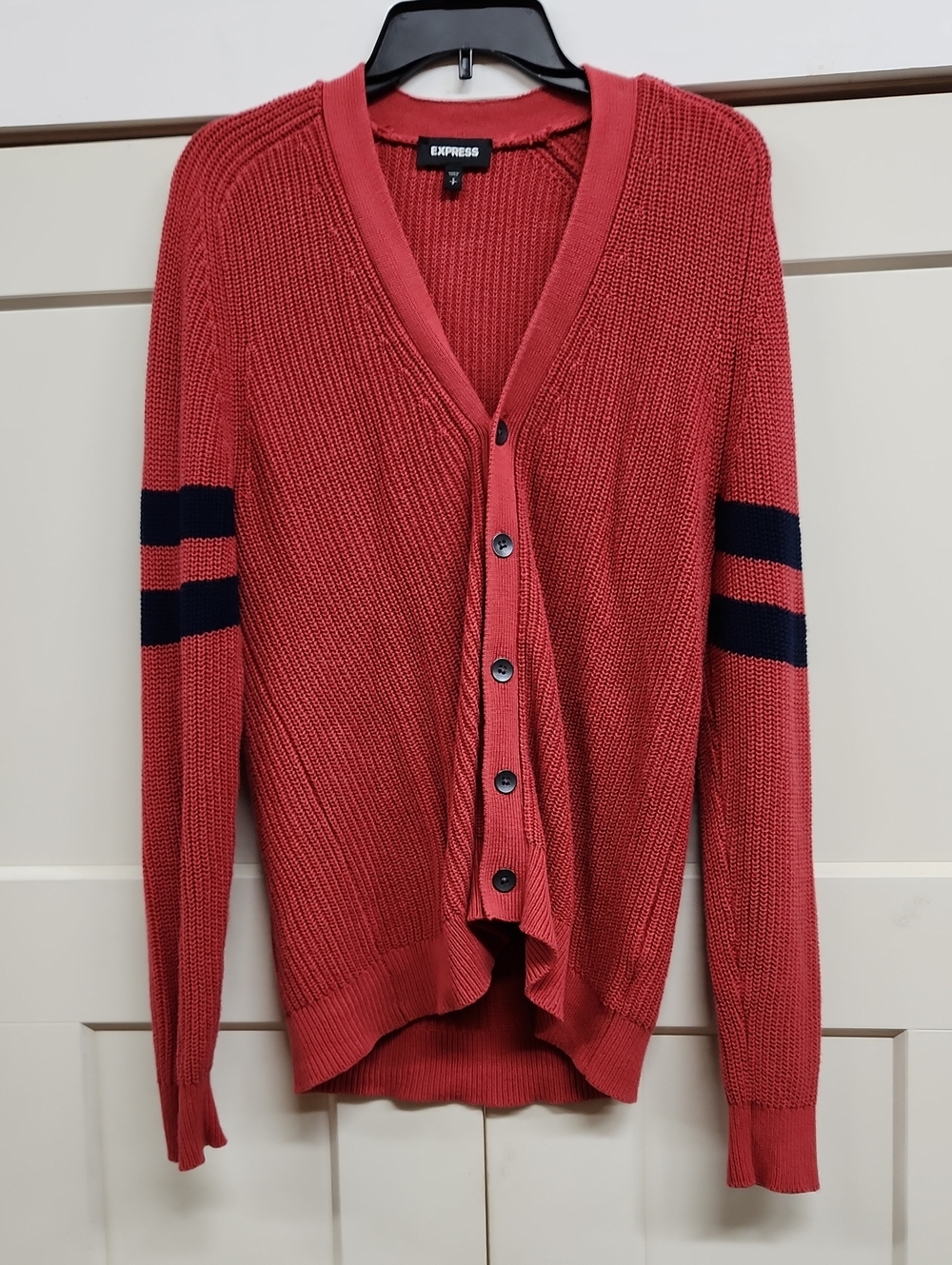 Express Red Ribbed V-Neck Button-Front Cardigan with Navy Sleeve Stripes